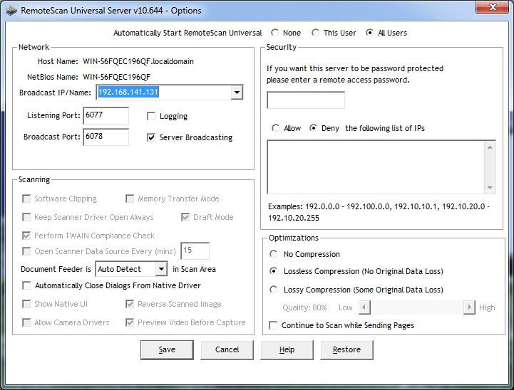 Окно программы REMOTESCAN.