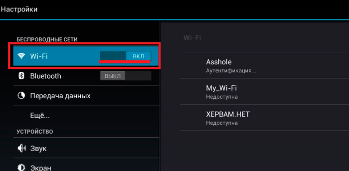 Включенная сеть Wi-Fi.