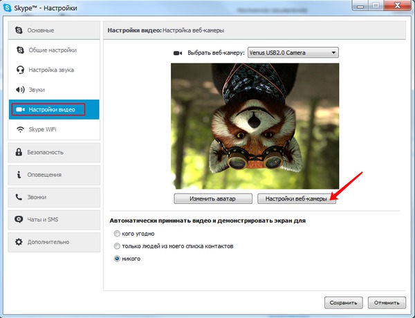 Настройки камеры в Скайп.